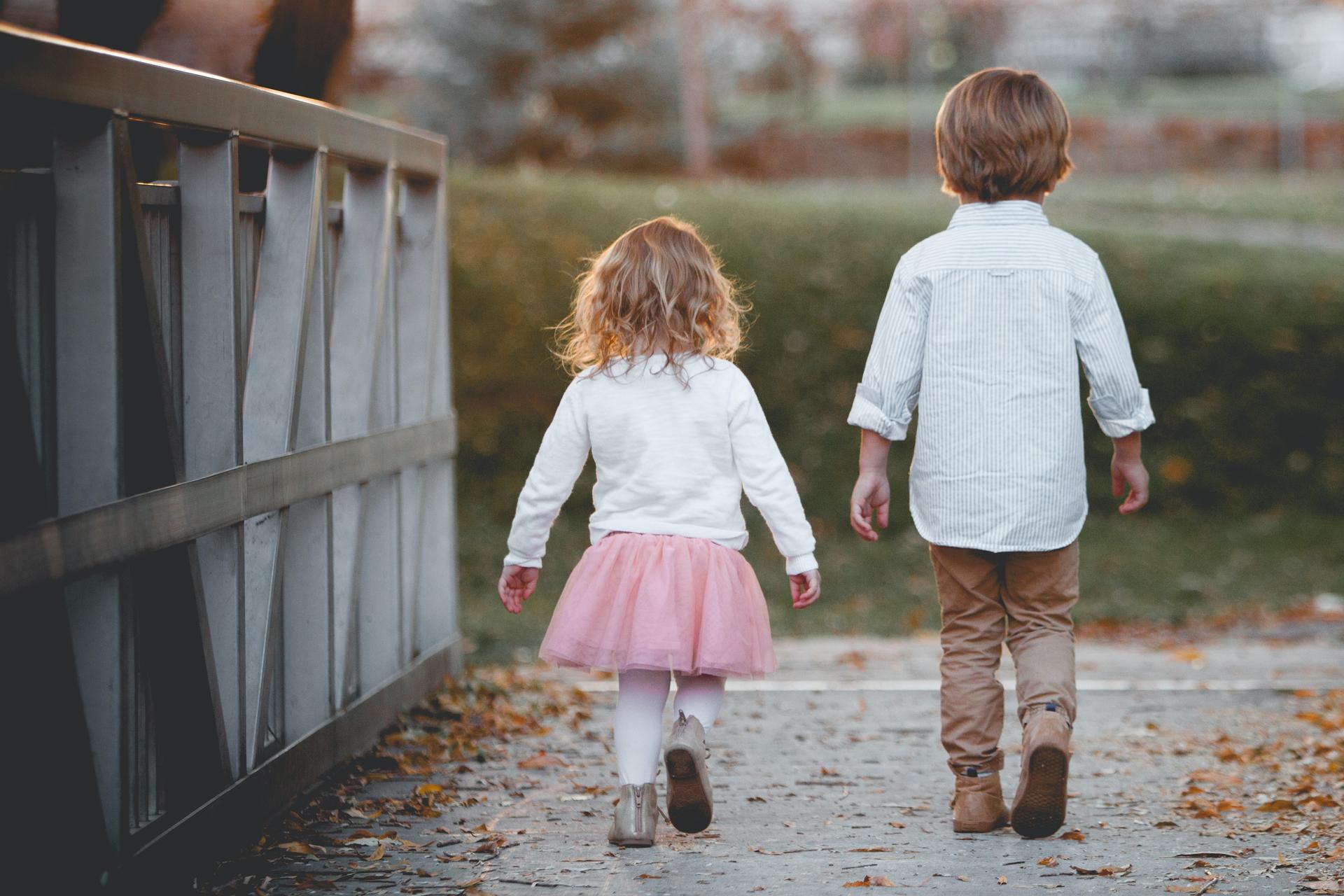 Deux jeunes enfants de dos marchent paisiblement