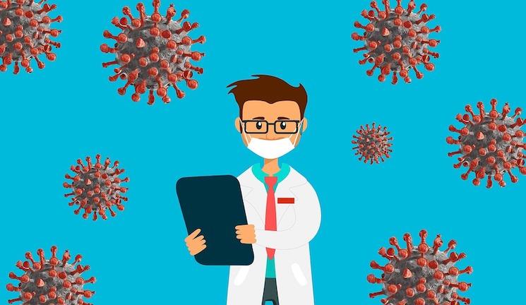 Dessin d'un scientifique entouré de molécules du Covid-19