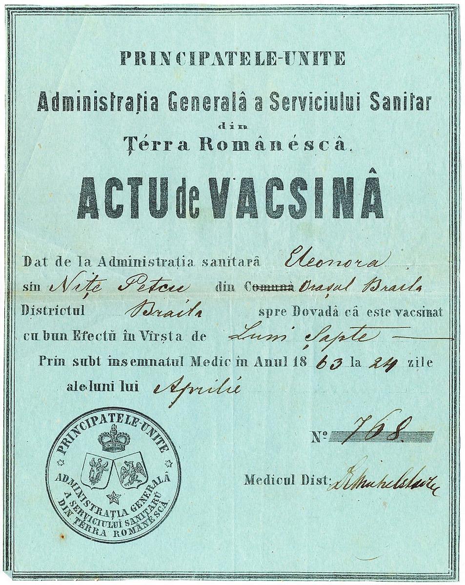 PHOTO DU JOUR: Certificat de vaccination délivré en Roumanie il y a plus de 150 ans