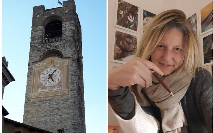 corinne terrasse et l'horloge de Bergame