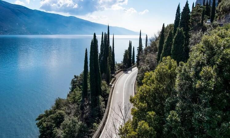 route et arbres verts le long d'un lac en Italie