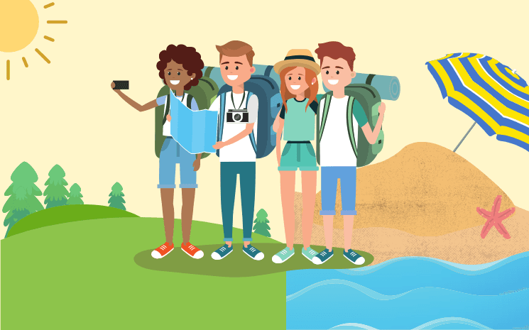 Qautre touristes français se préparent à partir en vacances, entre la mer et la campagne.