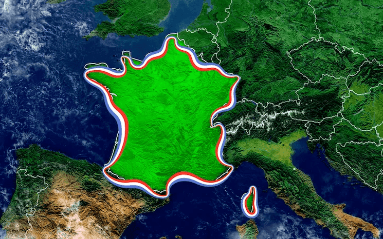 Carte de la France entourée d'un liseré bleu blanc rouge