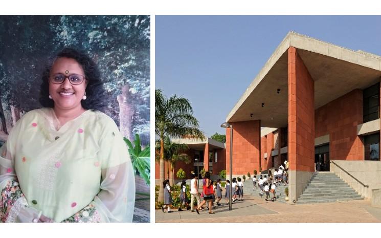 Sudha Dutta devant l'Aga Khan Academy Hyderabad