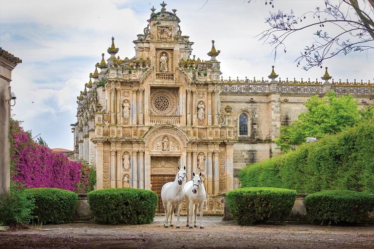 deux chevaux andalous devant un monument à Séville, en Espagne