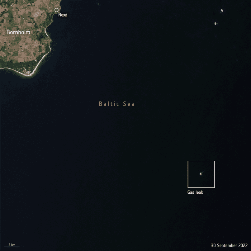 Vue arienne - Fuites détectées au niveau du gazoduc Nordstream par le satellite européen Sentinel-2 © Wikipedia - Copernicus Sentinel 2
