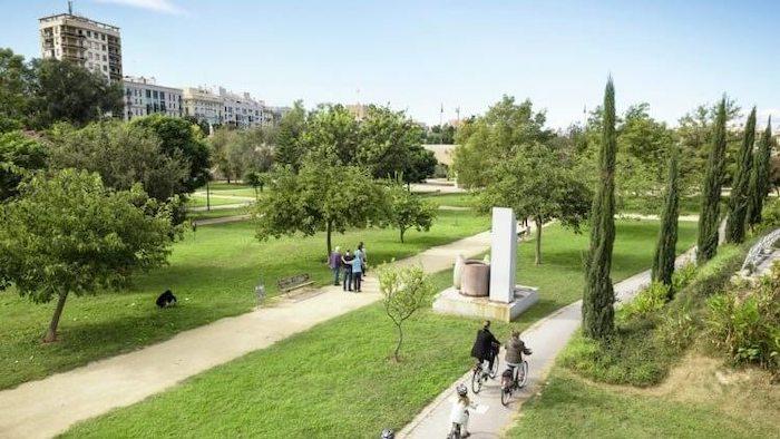 une personne en train de faire du vélo dans ke jardin du Turia à Valencia