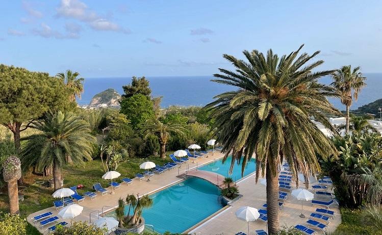 piscine en plein air avec palmiers vue sur la mer