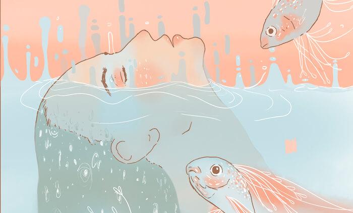 affiche de l'exposition un/connu à Valencia avec un dessin d'une tête de femme et des poissons