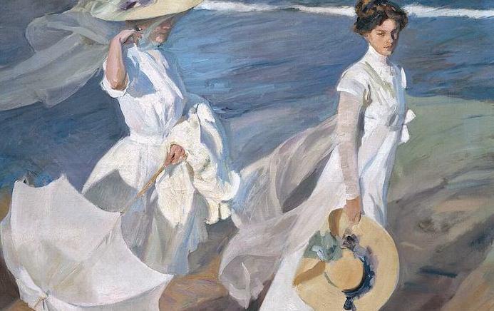 un tableau de sorolla de deux femmes vétues en blanc marchant au bord de la mer