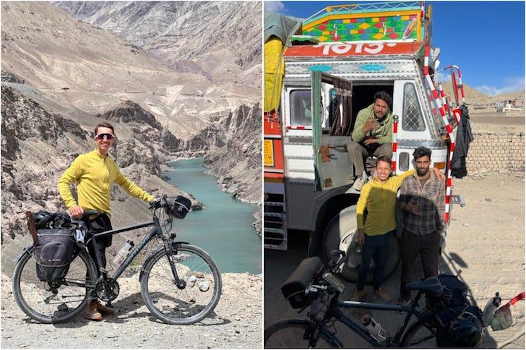 Marceau au Ladakh avec son vélo et un camion qui l'a pris en stop