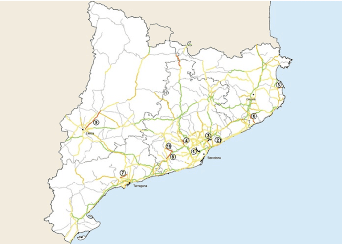 carte du réseau routier catalan avec les 10 routes les plus dangereuses