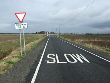 image d'une route sur laquelle est écrit "Slow" à la peinture blanche