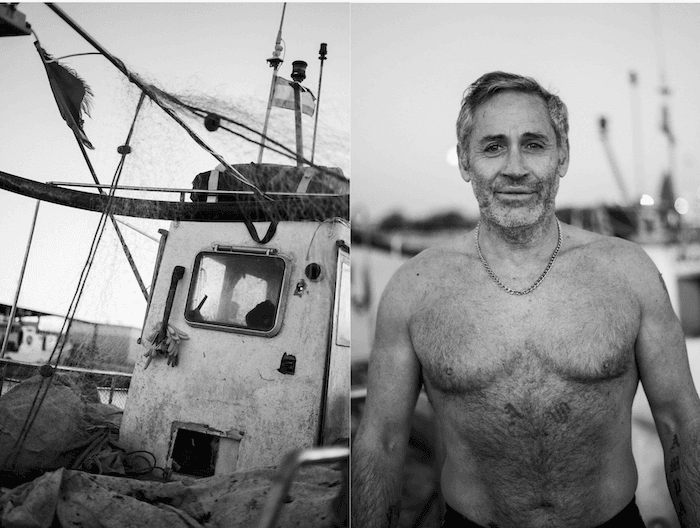 photo en noir et blanc de Billy pecheur valencien et son bateau de peche le Cabocanet