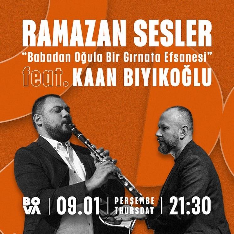 Ramazan Sesler jouant de la clarinette avec Kaan Bıyıkoğlu au piano, affiche promotionnelle de la soirée musicale du 9 janvier 2025 à Bova Sahne à Istanbul.