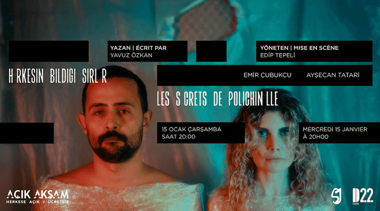Affiche de la pièce de théâtre "Les secrets de Polichinelle", mise en scène par Edip Tepeli, avec Emir Çubukçu et Ayşecan Tatari, au lycée français Saint-Joseph d’Istanbul.