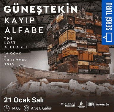 Affiche de l’exposition "Kayıp Alfabe" d’Ahmet Güneştekin à Feshane, Artistanbul, une installation immersive sur la mémoire et l’identité.