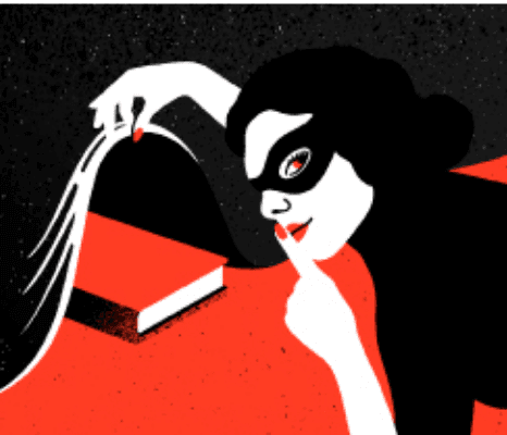 dessin en noir et rouge d'une femme sur un livre avec un masque