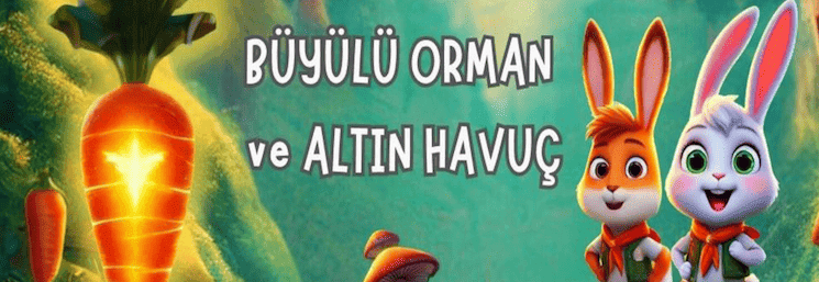 Affiche du spectacle "Büyülü Orman ve Altın Havuç" à Izmir, une aventure magique et immersive pour les enfants au Ahmed Adnan Saygun Sanat Merkezi en février 2025.