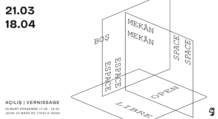 Affiche de l'exposition "Espace, Espace Libre" au lycée Saint-Joseph d'Istanbul, mettant en avant une exploration artistique de l'habitat et de la perception, du 21 mars au 18 avril 2025.