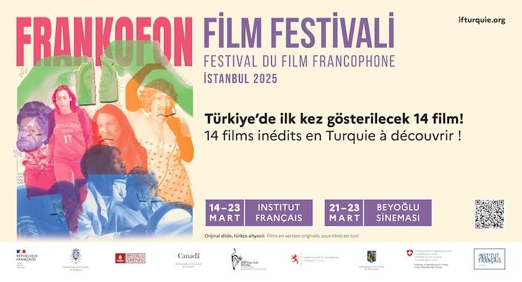 Affichage urbain du Festival du Film Francophone 2025 à Istanbul, indiquant les dates et lieux des projections.