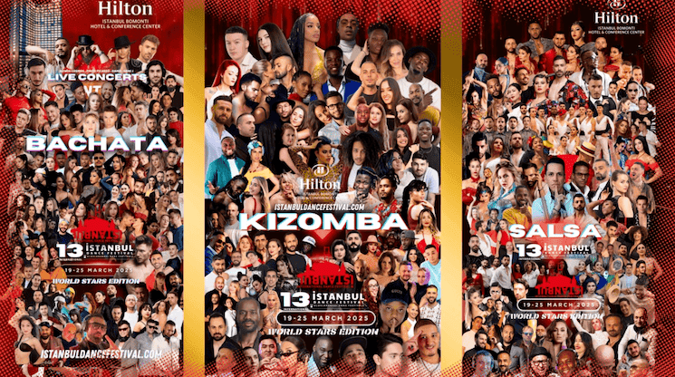 Affiche officielle du 13e Istanbul Dance Festival 2025, mettant en avant la salsa, bachata et kizomba.