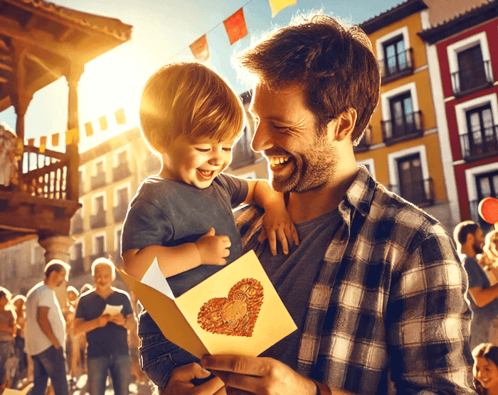 Illustration de la Fête des Pères en Espagne le 19 mars : un père reçoit un cadeau de son enfant sur une place animée, capturant l'esprit chaleureux et festif de cette journée spéciale.