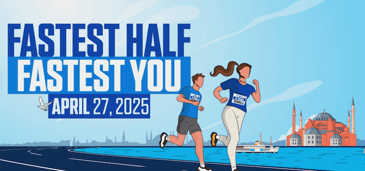Affiche du Semi-marathon d’Istanbul 2025, prévu le 27 avril, avec deux coureurs et la mosquée Sainte-Sophie en arrière-plan