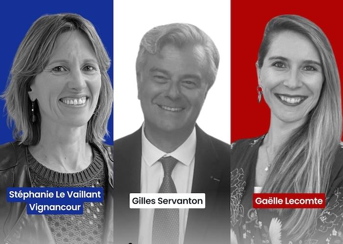 affiche du webinaire avec fond bleu blanc rouge et les trois conseillers des français de l'étranger en espagne