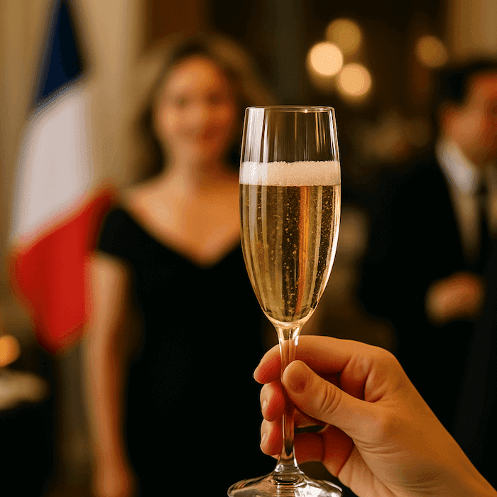 Une main tient élégamment une flûte de champagne pétillant lors d'une réception chic, avec en arrière-plan flou une femme en robe de soirée noire, un homme en costume, et un drapeau français