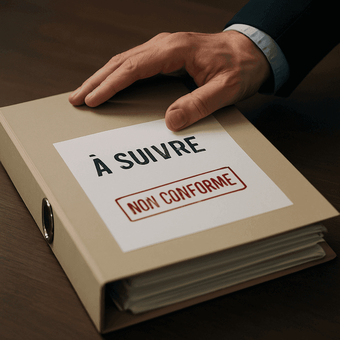 Main d’un homme en costume fermant un classeur beige sur lequel est collée une feuille marquée “À SUIVRE” avec un tampon rouge “NON CONFORME”, posé sur un bureau en bois sombre.
