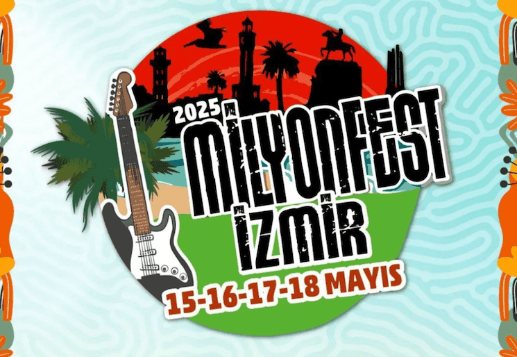 Affiche officielle du Milyonfest Izmir 2025, festival de musique du 15 au 18 mai à Alsancak