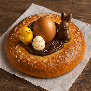 Mona de Pascua traditionnelle espagnole, brioche dorée ornée d’un œuf dur et de figurines en chocolat, posée sur du papier cuisson rustique.