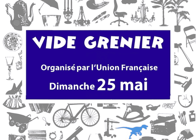 Affiche du vide-grenier organisé par l’Union Française à Istanbul le dimanche 25 mai 2025, avec objets vintage en arrière-plan