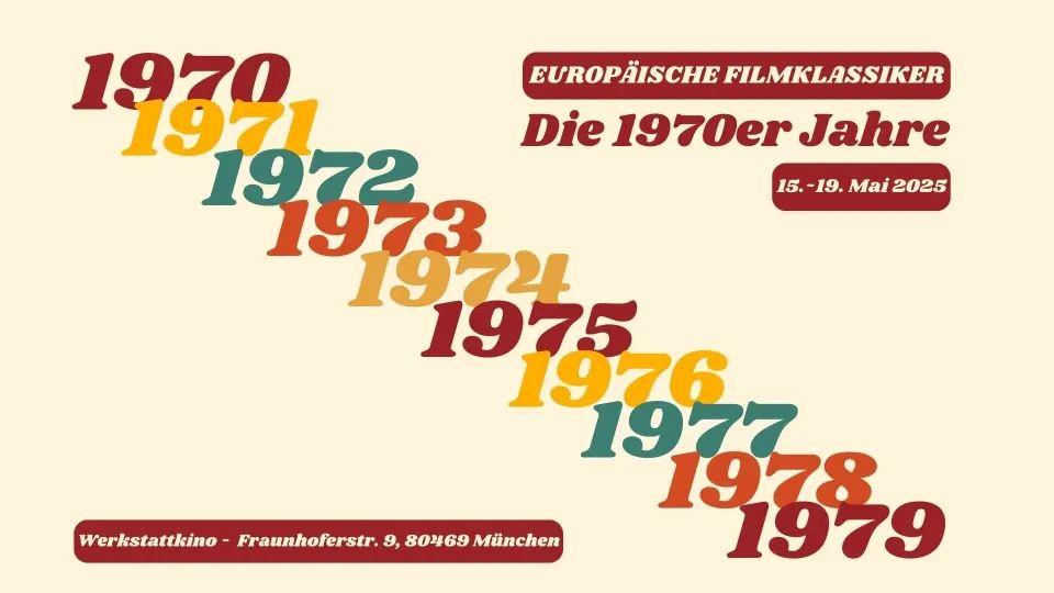 Affiche couleur crème : en diagonale, énumération de chaque année de la décennie 1970