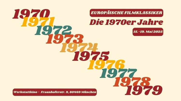 Affiche couleur crème : en diagonale, énumération de chaque année de la décennie 1970