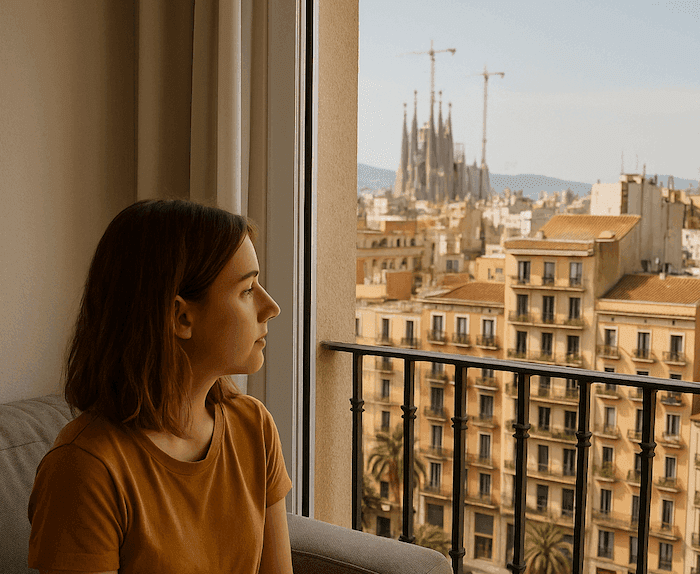 Jeune femme assise sur un canapé, regardant pensivement par la fenêtre une vue sur les immeubles de l’Eixample à Barcelone, avec la Sagrada Família visible à l’horizon.
