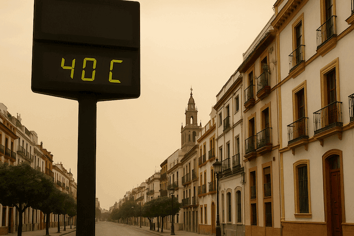 Thermomètre urbain indiquant 40 °C dans une rue andalouse déserte, sous un ciel voilé par la poussière saharienne, avec des bâtiments traditionnels et un clocher à l’arrière-plan.