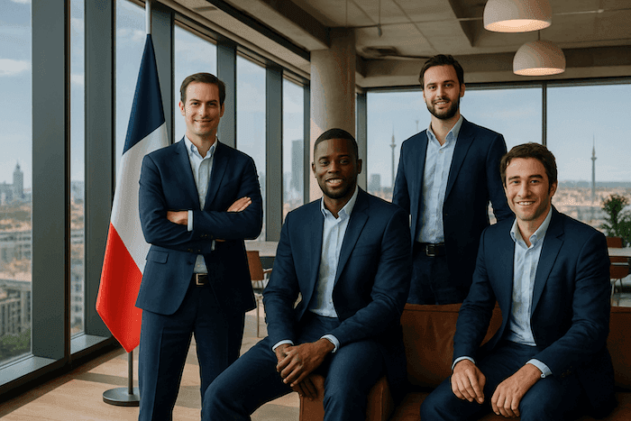 Quatre entrepreneurs français en costume dans un bureau moderne avec vue sur Madrid, incarnant la nouvelle génération d’affaires franco-espagnole, avec une touche de diversité et un drapeau français en arrière-plan.
