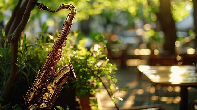 Saxophone devant terrasse vide et ensoleillée avec plantes