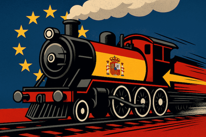 Illustration d'une locomotive stylisée portant le drapeau espagnol, avançant à grande vitesse sur des rails, avec les étoiles du drapeau de l'Union européenne en arrière-plan, symbolisant le rôle de l’Espagne comme moteur économique de la zone euro.