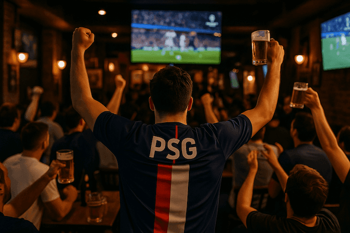 Un supporter du PSG lève les bras en signe de joie dans un bar de Valence, entouré d’autres fans devant les écrans diffusant la finale de la Ligue des Champions.