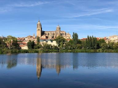 Vue de la cathédrale de salamanque avec lac et ciel bleu