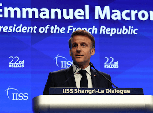 Emmanuel Macron au Shangri-La dialogue (© Ludovic Marin, AFP)