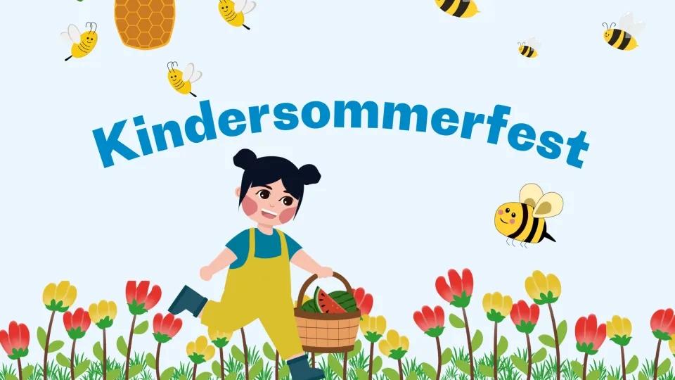 Dessin d'un enfant courant dans un champ fleuri avec un panier rempli de pastèques et des abeilles dans le ciel