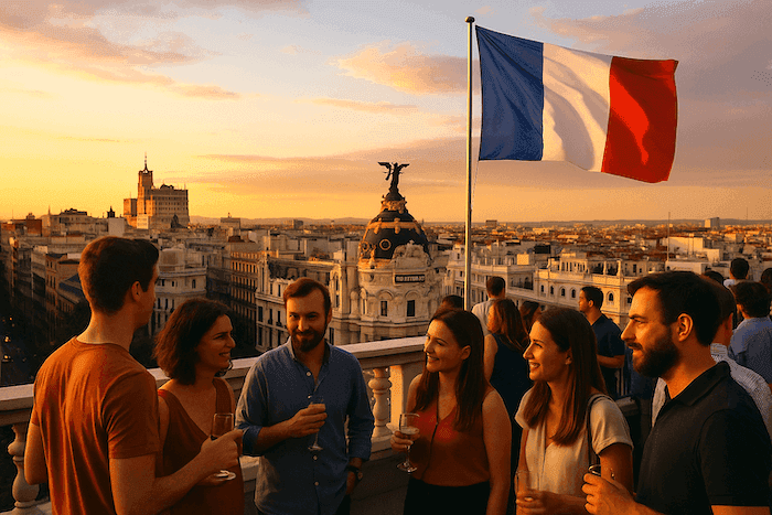 Groupe de personnes souriantes discutant et trinquant sur un rooftop à Madrid au coucher du soleil, avec le drapeau français flottant à l’arrière-plan et la ville en panorama.