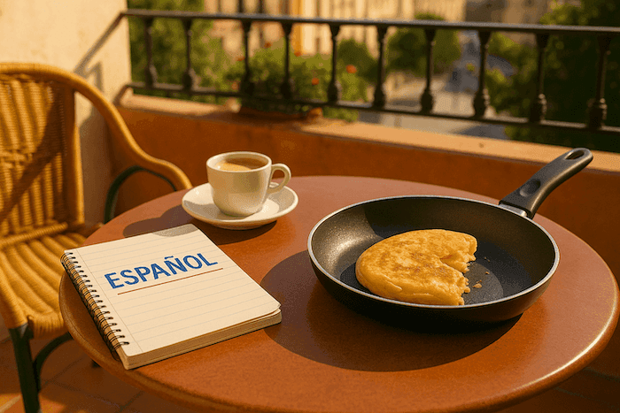 Une table de terrasse ensoleillée dans un café espagnol, avec un café con leche, un carnet intitulé « ESPAÑOL », et une poêle contenant une tortilla partiellement entamée. En arrière-plan, une rambarde en fer forgé, des plantes et des bâtiments typiques d’une ville espagnole.