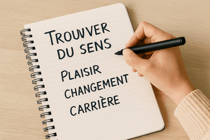 Main droite d'une personne écrivant les mots ‘Trouver du sens’, ‘Plaisir’, ‘Changement’ et ‘Carrière’ dans un carnet à spirale, posé sur une table en bois clair. L’ambiance est douce et épurée, illustrant une réflexion personnelle sur l’orientation professionnelle.