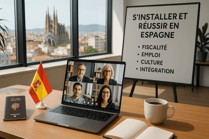 Une personne assiste à un webinaire sur son ordinateur portable dans un bureau moderne avec vue sur la Sagrada Familia à Barcelone. Sur la table, un passeport, un petit drapeau espagnol, un carnet et une tasse de café. En arrière-plan, un tableau affiche les thèmes du webinaire : fiscalité, emploi, culture, intégration.