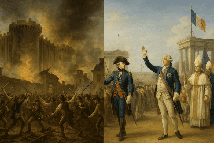 Diptyque historique en peinture à l’huile représentant deux scènes contrastées de la Révolution française. À gauche, la prise de la Bastille le 14 juillet 1789 : une foule en armes assaille la forteresse en flammes dans une atmosphère chaotique et sombre. À droite, la Fête de la Fédération du 14 juillet 1790 : La Fayette et Louis XVI se tiennent côte à côte devant une foule en liesse, dans un cadre solennel et harmonieux, entourés de drapeaux tricolores et de dignitaires religieux.